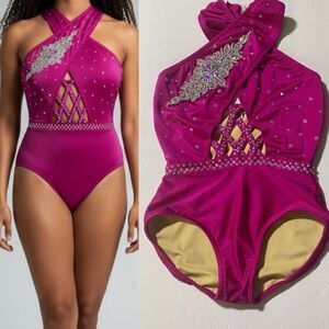 Custom made solo dance costume hot pink rhinestone illusion SA-Small adult NEW